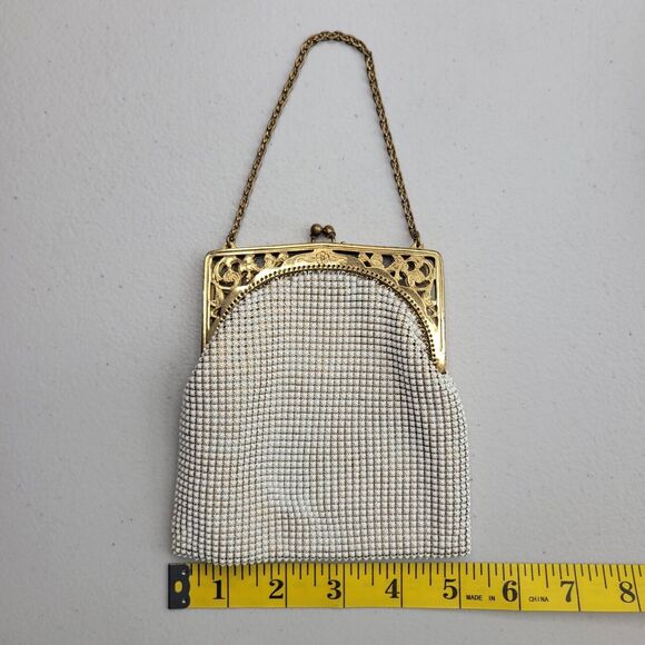 Whiting & Davis White Enameled Mesh Bag Vintage 50's Gold Metal Frame Chain USA - Picture 4 of 16